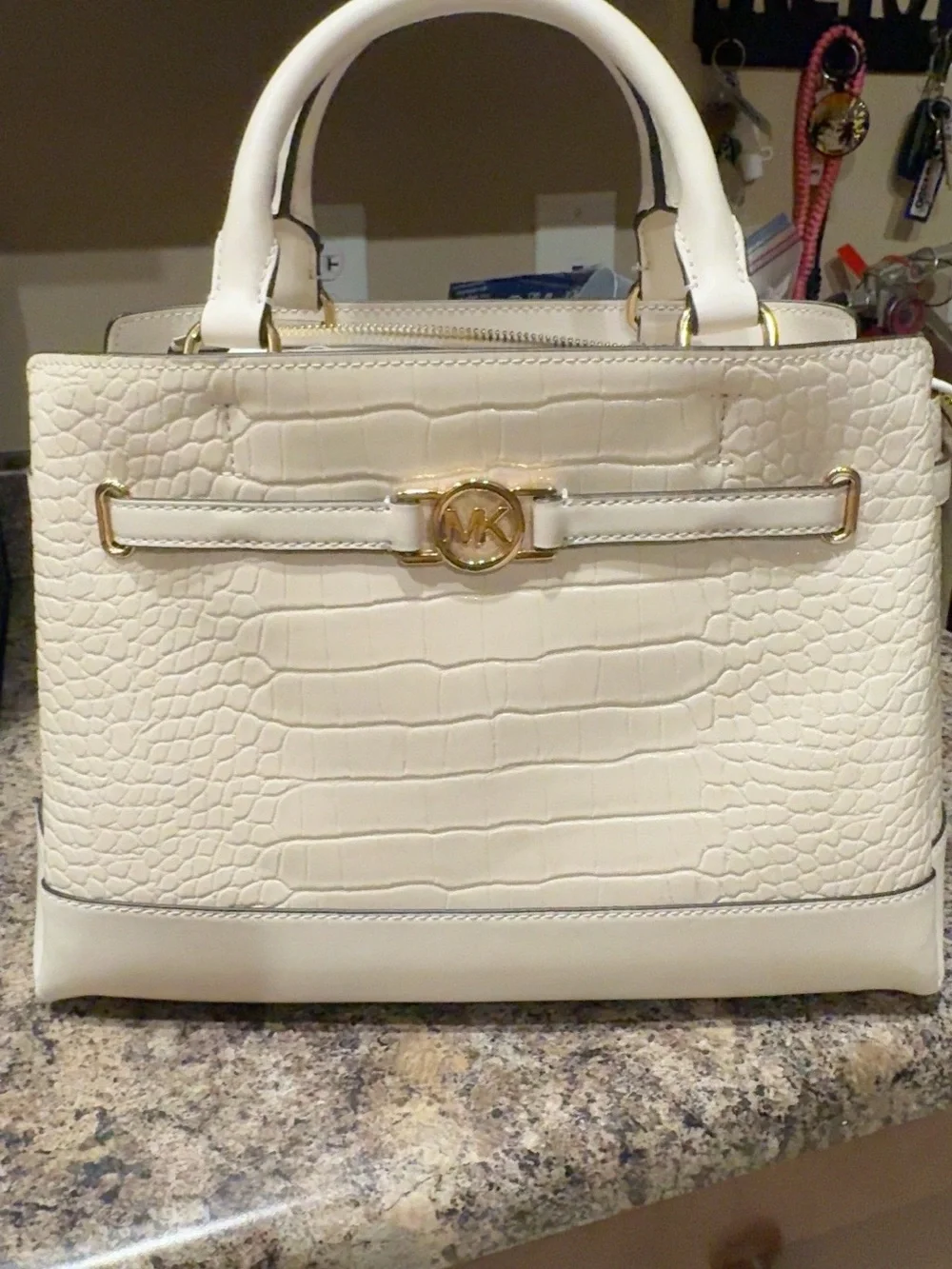 Michael Kors Cream Croc-Embossed Satchel with Gold Hardware